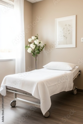 Simple hospital room with medical bed flowers