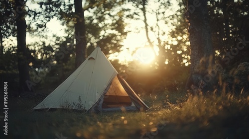 inviting camping scene with a cozy tent set against a blurred forest background, evoking a sense of adventure and connection to nature during a golden hour sunset