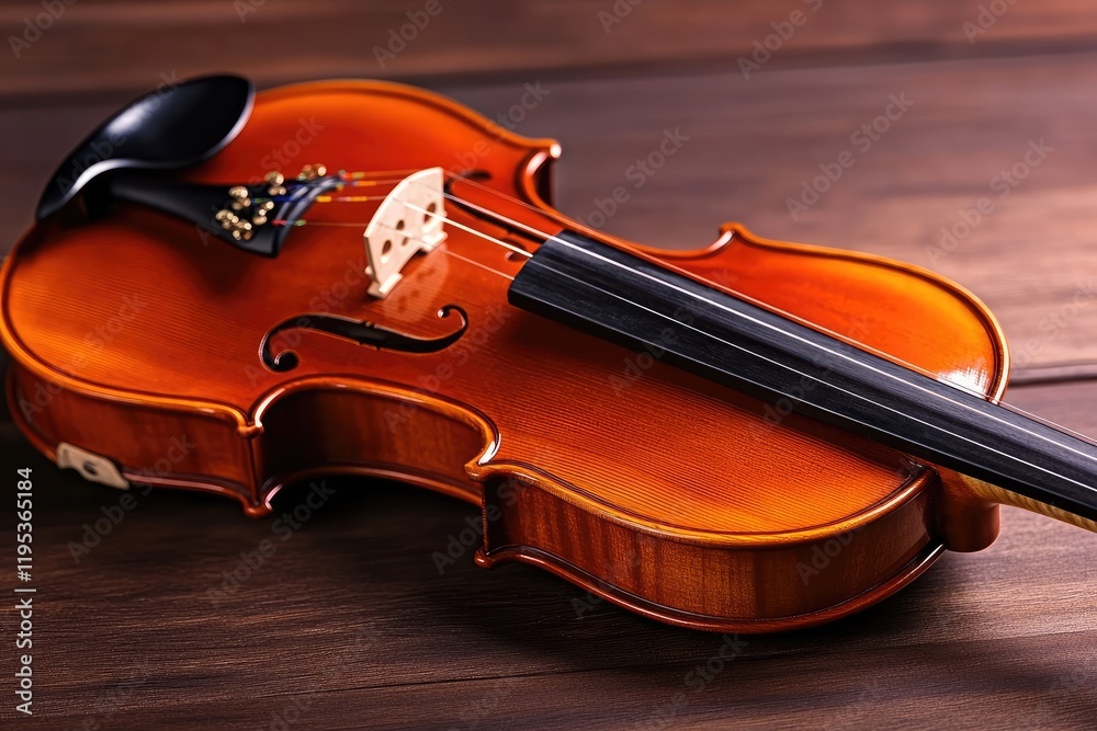 Close-up of a polished violin lying on a dark wooden surface. Close-up of a polished violin lying on a dark wooden surface.