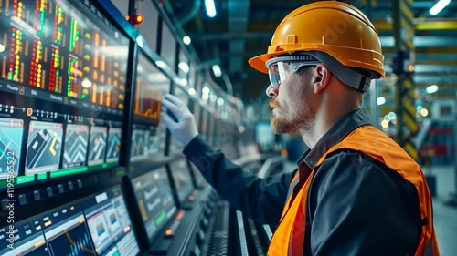 Male worker analyzes data on industrial control system monitor.
