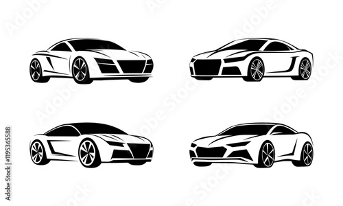 set of four vectors of silhouettes of a modern sports electric car