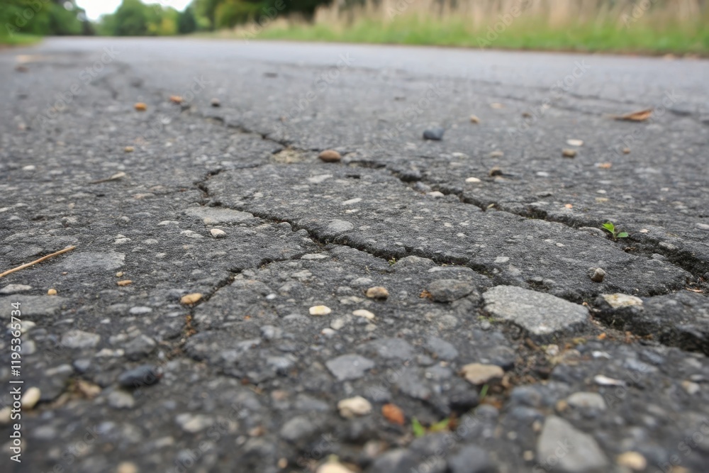 Obraz premium A Close-Up View of Cracked Asphalt Road Surface Showing Texture and Small Plants Emerging Through the Cracks