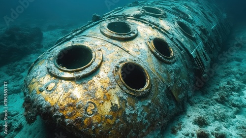 Sunken submarine wreck on the seabed. photo