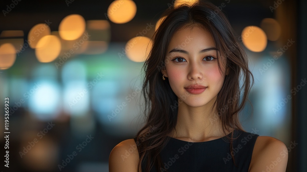 Obraz premium Portrait of a young woman with long hair, smiling softly in a modern cafe with blurred lights