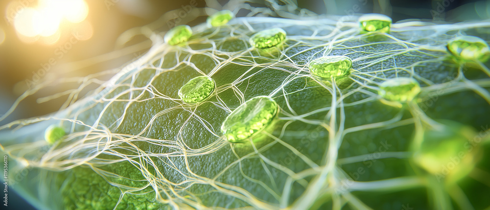 Naklejka premium detailed view of leaf surface highlighting stomata and intricate vein structures, showcasing complexity of plant biology and photosynthesis