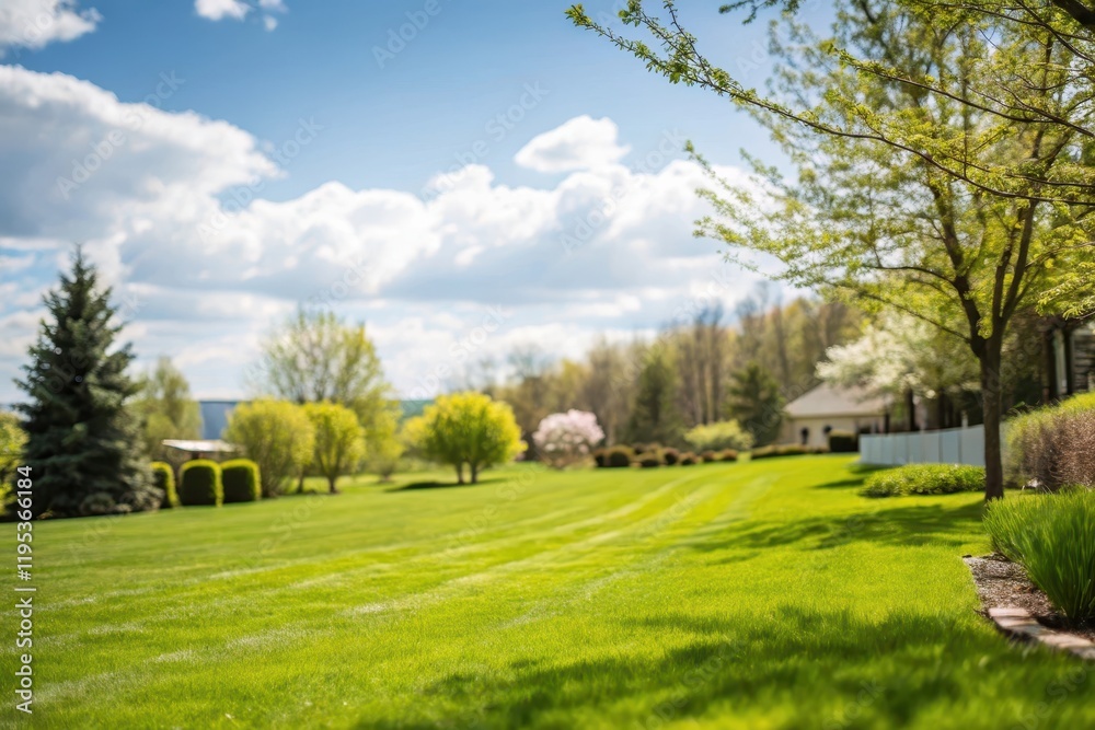 Serene Spring Landscape Lush Green Lawn, Flowering Trees, and a Sunny Sky Serene Spring Landscape Lush Green Lawn, Flowering Trees, and a Sunny Sky