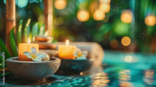 Relaxing Spa Scene with Candles, Flowers and Blurred Background