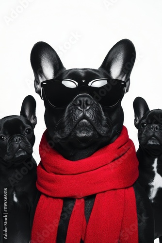 French bulldogs in sunglasses red scarf