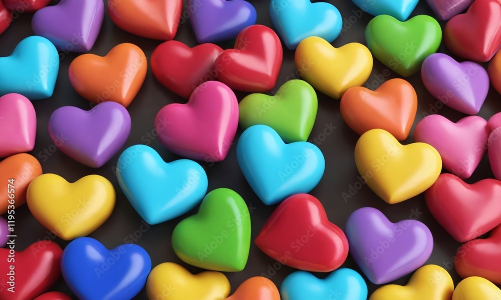 Fototapeta premium Colorful heart-shaped candies create a vibrant display ideal for celebrations and events in various settings. Valentine’s Day, date, engagement, love, wedding, background