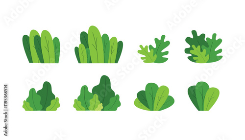 Set of bush vector illustration on a white background. Green flat bush on white background. Green grass vector set. Shrub bush shrubbery tree simple abstract. Eco element, foliage, stylized ecology.