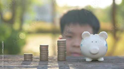 Child Saving Money in Piggy Bank Outdoor Garden Inspirational Image Sunny Environment Focused Perspective Financial Education Concept
