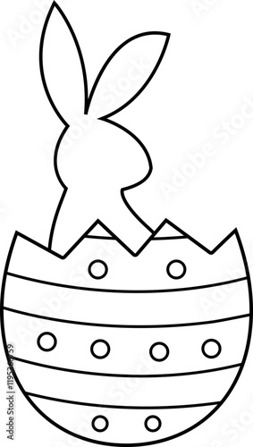 Bunny Emerging from Easter Egg outline.
Easter Rabbit sitting in eggshell coloring page.
Bunny sitting in cracked eggshell.
Spring Easter Element.
Transparent background.