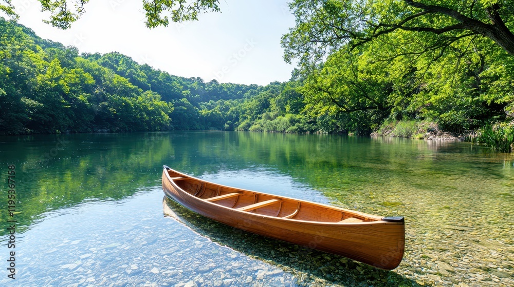 Fototapeta premium Serene Canoe on Calm River Winding Through Lush Green Valley in Bright Daylight
