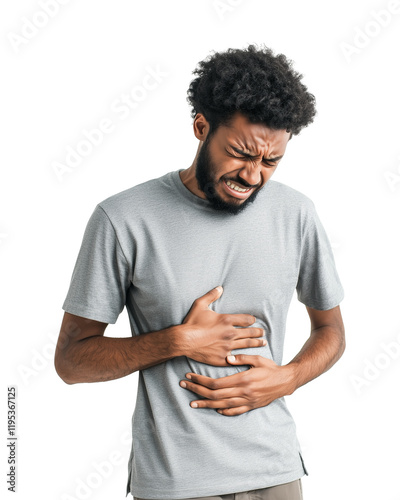 man in gray t shirt is experiencing intense stomach pain, clutching his abdomen with pained expression. image captures discomfort and distress associated with abdominal issues photo