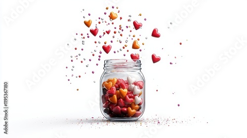 Colorful Heart-Shaped Sweets in a Jar with Falling Candy Elements Around It