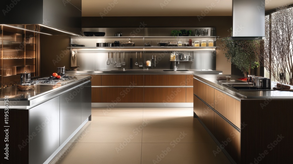 Fototapeta premium Modern kitchen design with stainless steel and wood elements, showcasing a sleek and functional layout