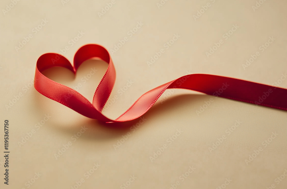 Heart-Shaped Red Ribbon on Beige Background, Simple Minimalist Style, Valentine's Day Concept, Close-Up Macro Shot. Heart-Shaped Red Ribbon on Beige Background, Simple Minimalist Style, Valentine's Day Concept, Close-Up Macro Shot.