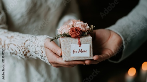 Close-Up of Hands Exchanging Heart-Shaped Gift with Flowers for Romantic Occasion
