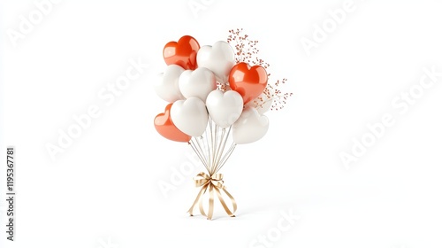 Heart-Shaped Balloons in Red and Pink Tied Together with a Ribbon Against White Background