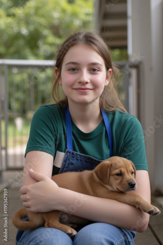 Teenage girl volunteering at an animal shelter, holding a puppy with care photo