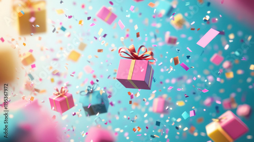 Colorful floating gift boxes with festive confetti create joyful atmosphere