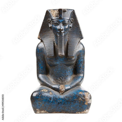 blue Egyptian statue of pharaoh with headdress, sitting cross legged, showcasing ancient artistry and cultural significance. statue intricate details highlight craftsmanship of era photo