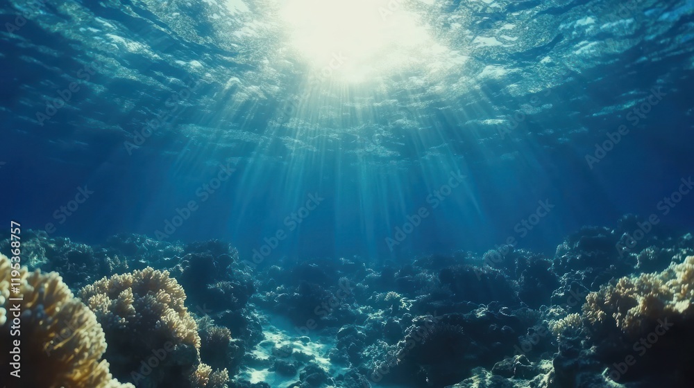 Sunlight pierces ocean, illuminating coral reef. Sunlight pierces ocean, illuminating coral reef.