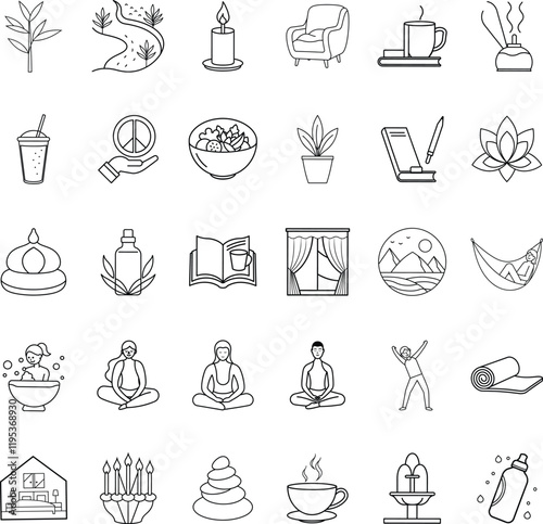 Relaxation, Meditation, Wellness, Mindfulness, Spa, Tranquility, Yoga, Peace, Serenity, Icons