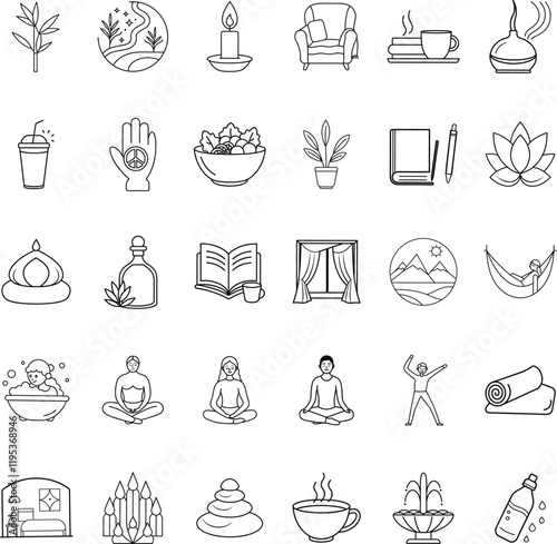 Relaxation Icons Wellness, Mindfulness, Yoga, Meditation, Calm, Serenity, Spa, Nature, Peace, Tranqu