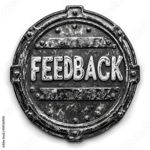 Vintage Metal Feedback Badge Text with Round Texture and Communication Design Emblem
