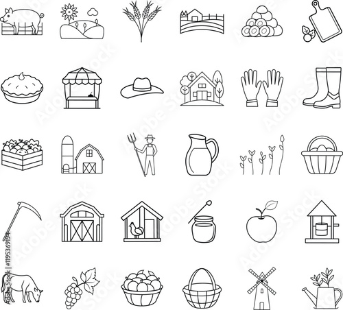 Farm Icons Agriculture, Livestock, Produce, and Rural Life