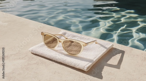 Sunglasses on white towel by a poolside shimmering summer light sunny leisure aesthetic