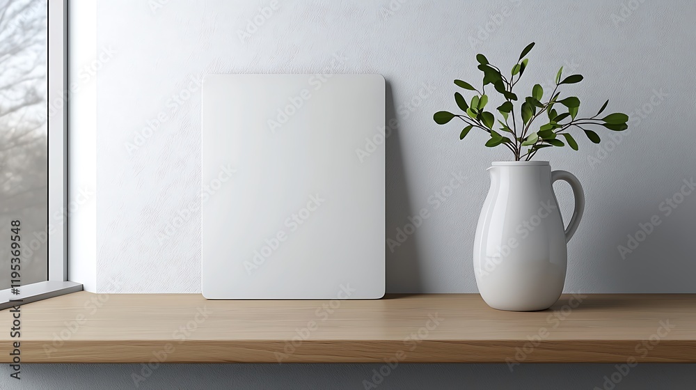 Fototapeta premium Simple White Mockup on Wooden Shelf with Greenery