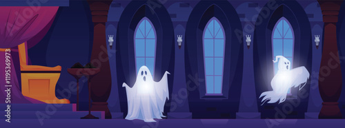 Vector castle interior with throne, curtains and windows at night with creepy ghosts.