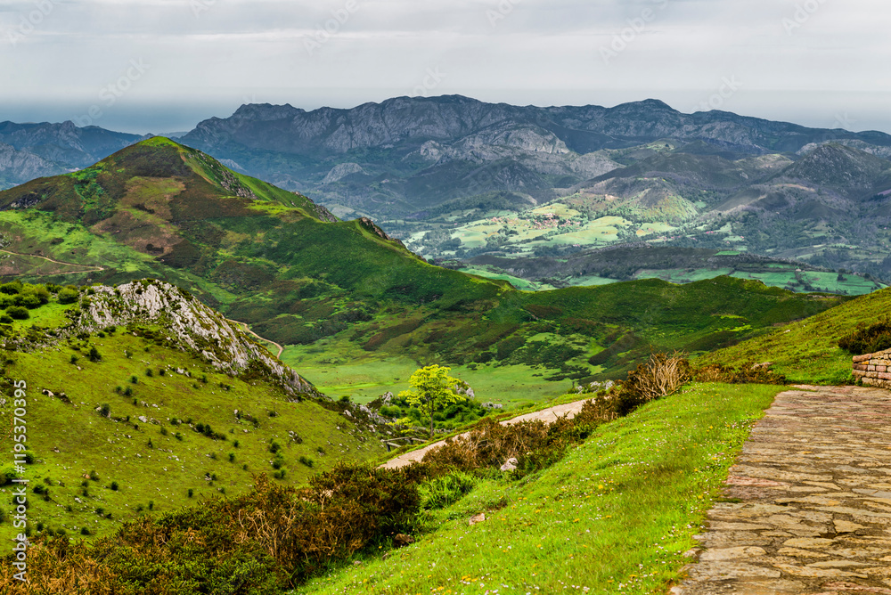 Fototapeta premium Route to Covadonga, Lakes, Mountains, Cangas de Onis, Asturias, Picos de Europa, Spain