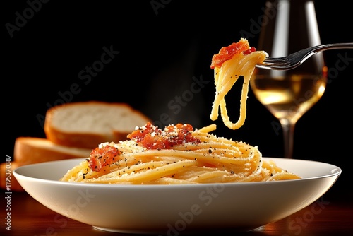 Pasta al dente con salsa de tomate y queso, acompañada de pan fresco y vino blanco en una cena acogedora