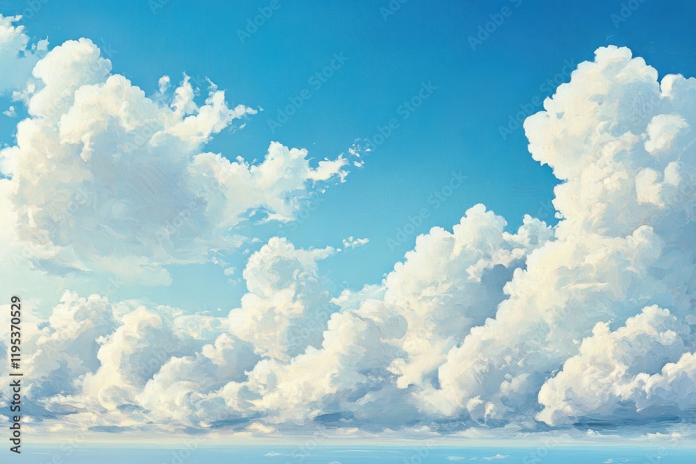 Fototapeta premium Fluffy clouds floating above a serene blue sky for tranquil nature photography