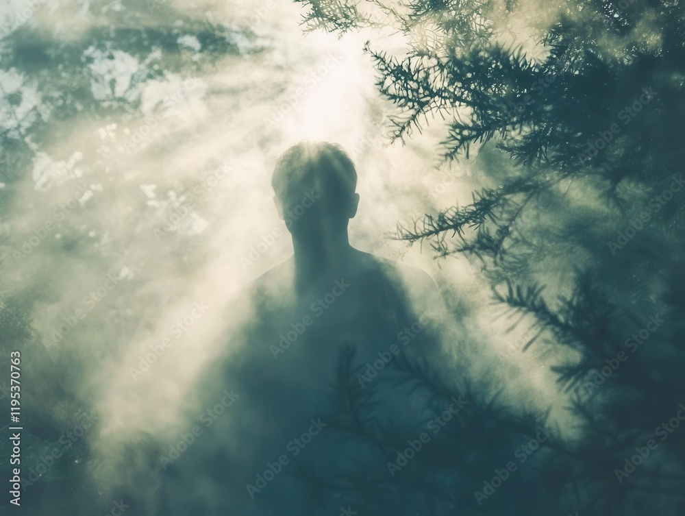 mysterious silhouette emerging from thick mist in a serene forest, with soft light filtering through the trees, creating an ethereal and tranquil atmosphere mysterious silhouette emerging from thick mist in a serene forest, with soft light filtering through the trees, creating an ethereal and tranquil atmosphere