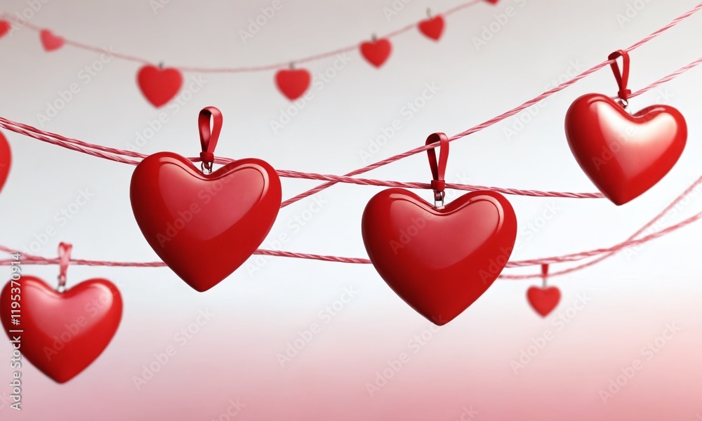 Fototapeta premium Decorative red hearts hanging on a string for a festive occasion in a romantic setting. Valentine’s Day, date, engagement, love, wedding, background