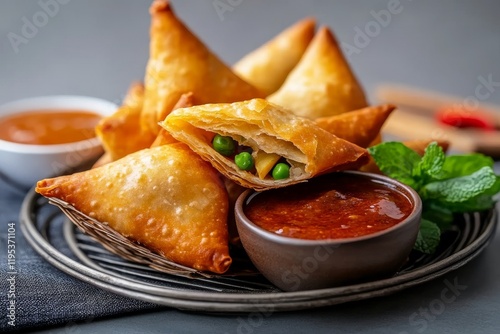 Samosas crujientes rellenas de verduras, servidas con salsas y frescura de hierbabuena photo