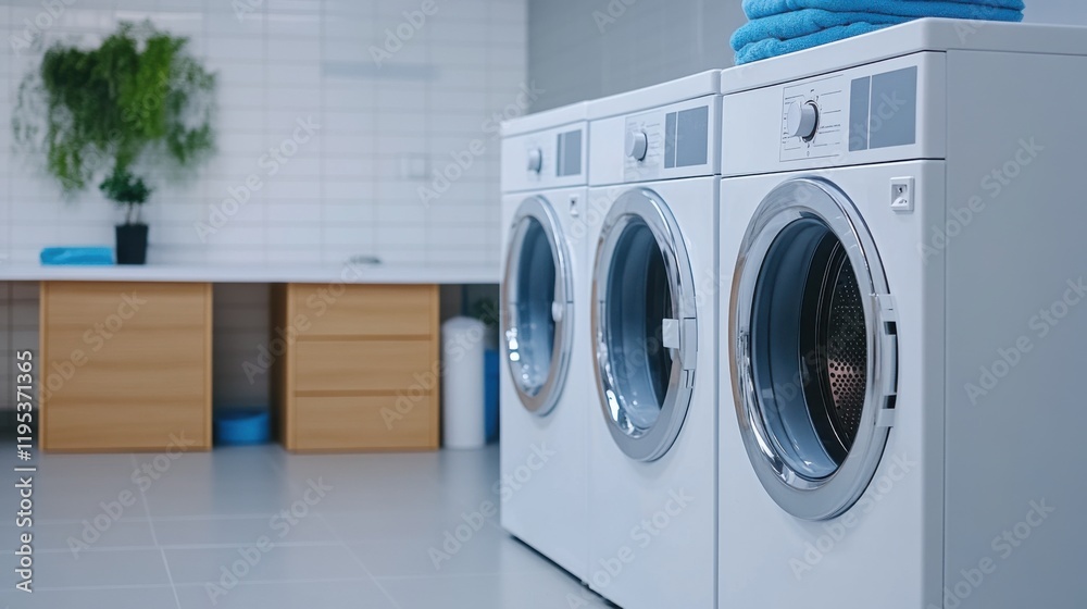 Modern Laundry Room with Washing Machines and Clean Towels on Top of Appliances in Bright Interior Space Modern Laundry Room with Washing Machines and Clean Towels on Top of Appliances in Bright Interior Space