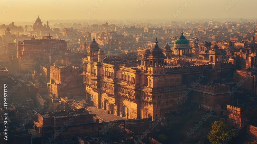 Obraz premium panoramic view of an ancient city bathed in the warm light of dawn, showcasing historical architecture and a serene atmosphere, inviting exploration of its rich cultural heritage
