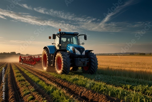 A rustic tractor parked middle golden.