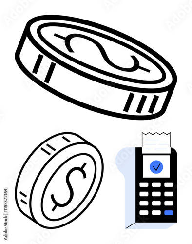 Coins beside a card reader issuing a receipt with checkmark. Ideal for e-commerce, fintech, banking, savings, payment processing, cashless society, abstract line flat metaphor