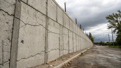 Wallpaper Mural A Long, Cracked Concrete Retaining Wall Beside a Road Under a Cloudy Sky Torontodigital.ca