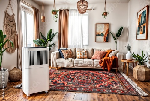 Air Purifier in Cozy Living Room. A modern air purifier stands in a stylish living room with a comfortable sofa, colorful rug, and lush plants. photo