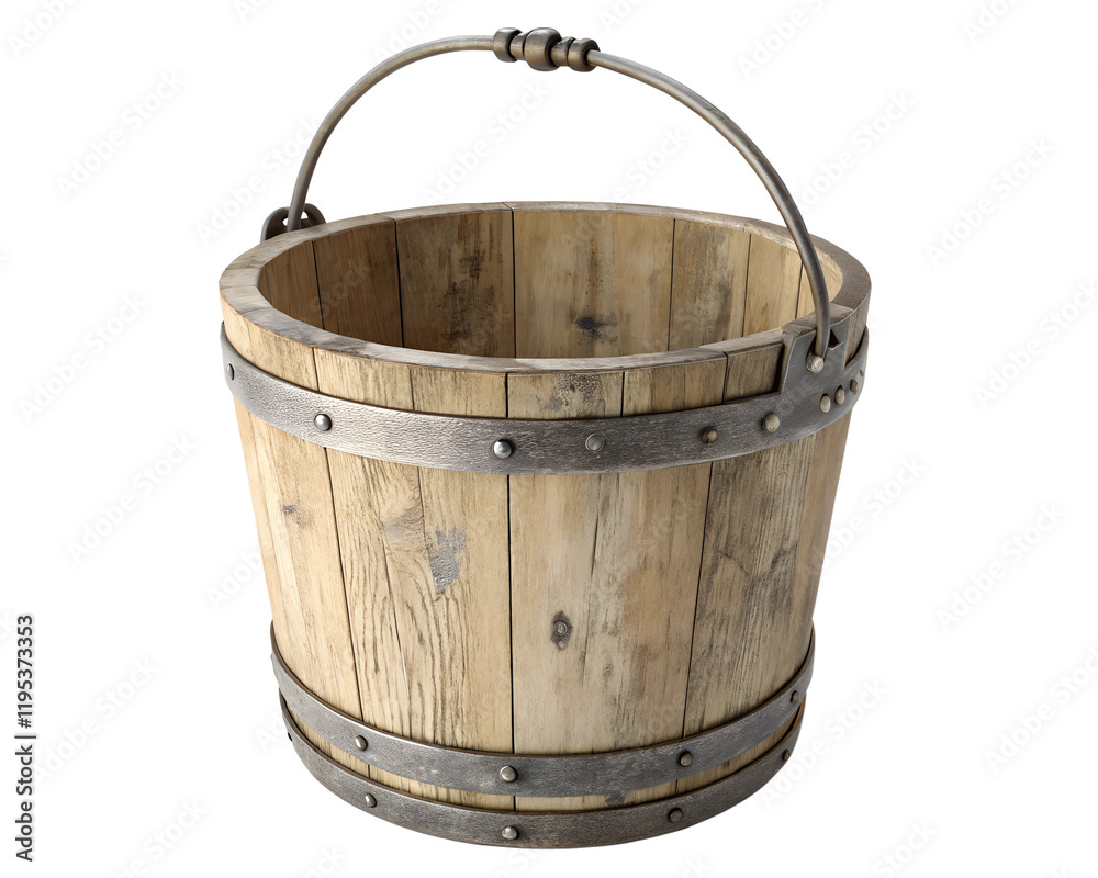 Antique wooden bucket with metal accents, rustic decor Antique wooden bucket with metal accents, rustic decor