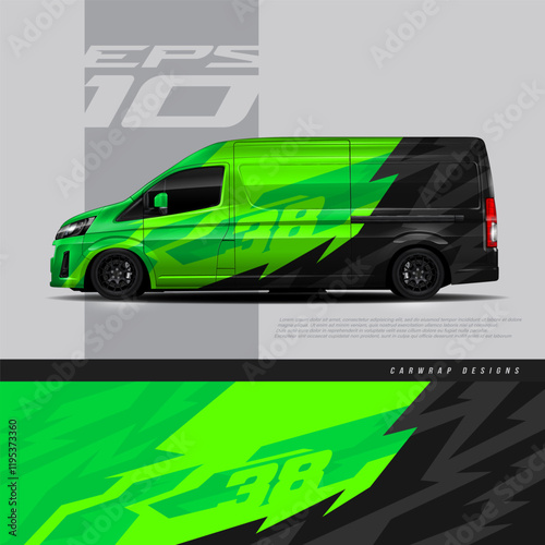 Car wrap decal graphic design. Abstract stripe racing background designs for wrap cargo van, race car, pickup truck, adventure vehicle. Eps 10