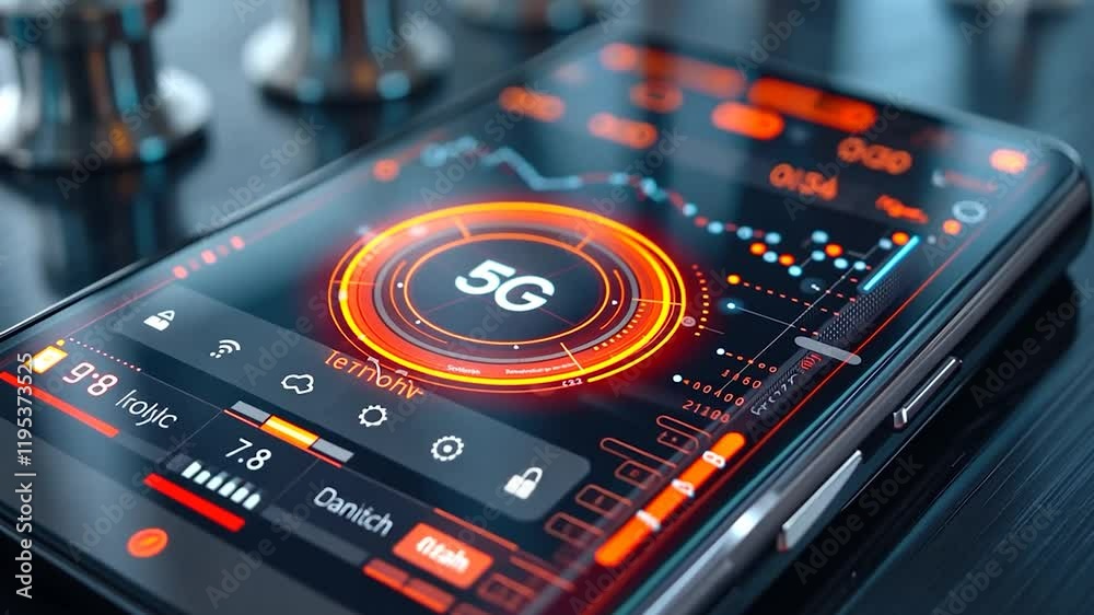 5G network display on a smartphone with vibrant interface elements. 5G network display on a smartphone with vibrant interface elements.