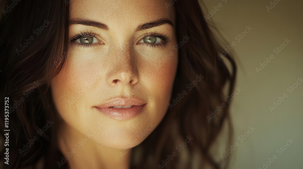 Naklejka premium radiant portrait of a caucasian woman with flawless skin, soft lighting emphasizing her beauty, conveying a sense of health and skincare elegance